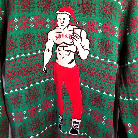 SEXY Santa Christmas Sweater Red & Green Applique Size XL Long Sleeve CUTE - Picture 2 of 5